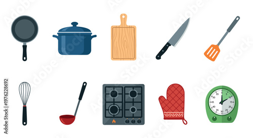 Kitchen utensils and cooking tools collection for culinary activities, featuring various essential items for preparing delicious meals and baking.