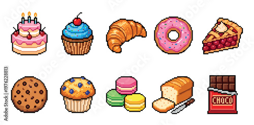 Various pixel art desserts and baked goods are arranged in a delightful collection, showcasing a charming retro gaming style for sweet treats.