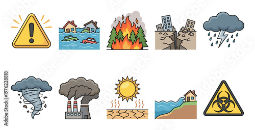 Natural disasters and environmental issues icons set illustrating various global warming effects, climate change, and potential hazards including floods, fires, and earthquakes.