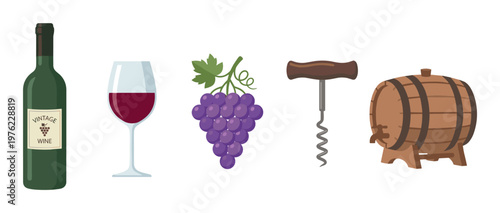 Wine elements collection featuring bottle, glass, grapes, corkscrew, and barrel, representing the complete winemaking process and enjoyment.