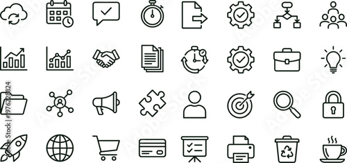 Minimal outline business productivity workflow icon set collection for analytics collaboration management web mobile interface editable stroke vector symbols