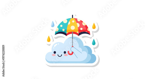 Cute smiling cloud holding colorful umbrella, rain drops, cartoon style sticker