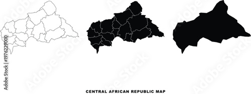 Central African Republic map vector set. High detailed outline, solid black silhouette and administrative prefectures borders illustration. EPS 10.