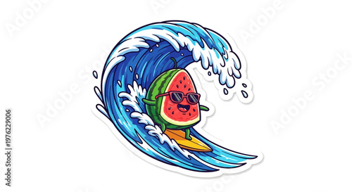 Cartoon Watermelon Surfer Riding Wave, Summer Beach Fun, Cute Fruit Character