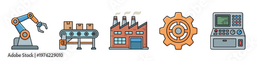 Industrial elements vector illustration set featuring factory building, robot arm, conveyor belt, gear, and control panel, representing modern manufacturing processes.