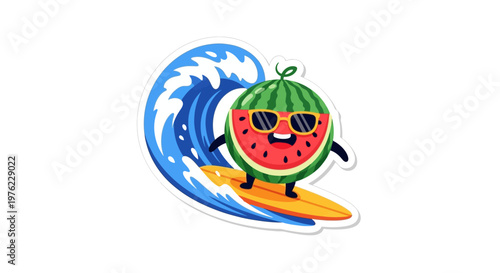 Funny Watermelon Surfer Riding Wave - Summer Vacation Fun Cartoon