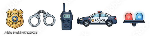 Police badge, handcuffs, walkie-talkie, patrol car, and siren lights are essential tools for law enforcement officers, depicted in a charming cartoon style.