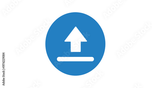 Blue oval sign with white upward arrow and horizontal bar below