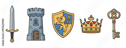 Medieval fantasy kingdom objects collection featuring a sword, castle tower, shield, crown, and key representing power and adventure.