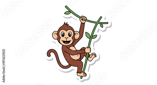 Cute cartoon monkey swinging on a vine, jungle animal illustration