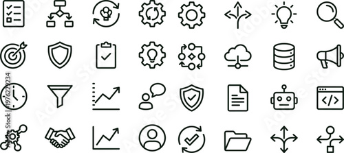 Minimal outline business workflow analytics icon set collection for management optimization monitoring web mobile interface editable stroke vector symbols