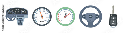 Automotive vehicle components and dashboard instruments are displayed in a modern flat design illustration, showcasing essential driving controls and information.