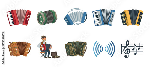 Accordions and related musical elements are depicted in a vibrant collection of illustrations, showcasing various types of the instrument and musical concepts.