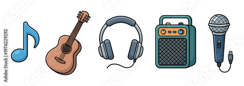 Musical instruments and audio equipment including a guitar, headphones, amplifier, microphone, and a musical note are depicted in a vibrant cartoon style.