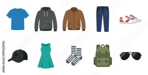 Various clothing and accessories items are neatly displayed, showcasing a diverse collection of apparel, footwear, and personal gear for everyday wear and travel.