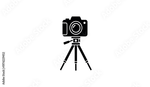 Black and white icon of a camera mounted on a tripod for photography