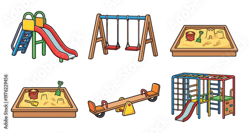 Various colorful playground equipment illustrations including a slide, swing set, sandbox, seesaw, and climbing frame for children's outdoor play.