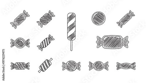 Hand drawn candy assortment with striped popsicle and circle sweet treat confection