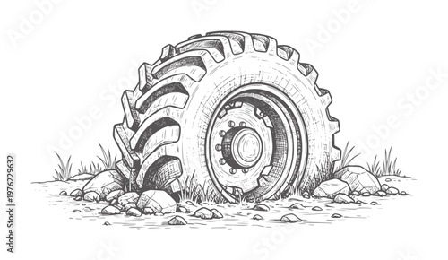 Of a large tractor tire resting rocky ground with grass wheel agriculture vehicle