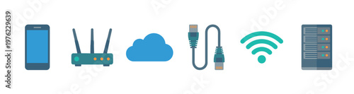 Networking and internet technology icons illustrating modern digital connectivity solutions for communication, data management, and wireless access in a digital world.