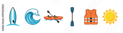Water sports and summer icons collection featuring a surfboard, wave, kayak, paddle, life jacket, and sun, representing outdoor recreational activities.