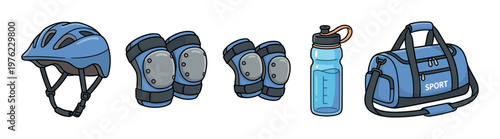Blue helmet, protective pads, water bottle, and a sport duffel bag are neatly arranged, representing essential gear for various athletic activities and fitness routines.