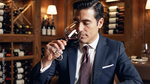 Elegant businessman tasting red wine in a luxury wine cellar, holding a glass at a wooden table with bottle racks in background, ideal for sommelier, hospitality, and fine dining concepts