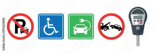 Parking signs and meter symbols illustrating regulations for no parking, disabled access, electric vehicle charging, and tow-away zones.