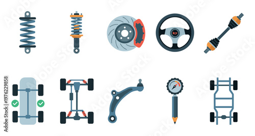 Automotive vehicle car parts and components are displayed in a flat design style, representing essential elements for maintenance and repair services.