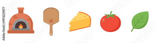 Traditional pizza making elements including a brick oven, wooden peel, cheese, tomato, and basil are essential for authentic Italian cuisine.