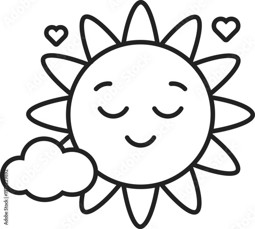 Cute cartoon calm sun icon with closed eyes and cloud. Vector.