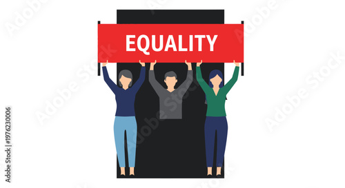 Diverse people holding equality banner high.