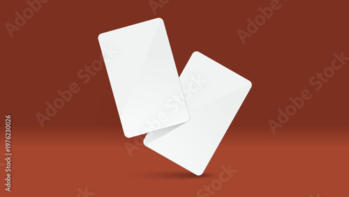 3D Floating Credit, Debit and Business Cards Mockup – Blank RFID Access Card, White Plastic Key Card Template with Soft Shadow on Red Background