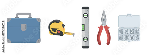 Various construction and repair tools are neatly arranged in a flat, vector-style illustration, showcasing essential equipment for home improvement and DIY projects.