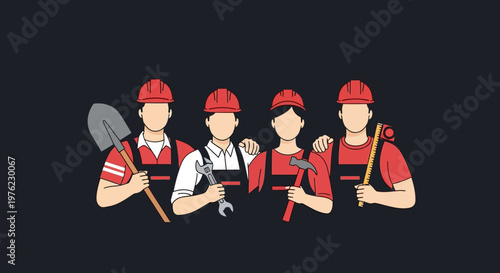 Four workers with construction tools.