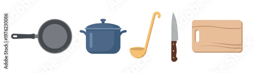 Kitchen utensils and cookware collection for cooking and food preparation, featuring essential tools like a pan, pot, ladle, knife, and cutting board.