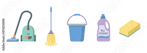 Household cleaning supplies and equipment for daily chores, including a vacuum, mop, bucket, detergent, and sponge, are essential tools for maintaining a tidy home.