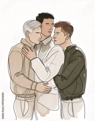 Three young men embracing in a close group hug.