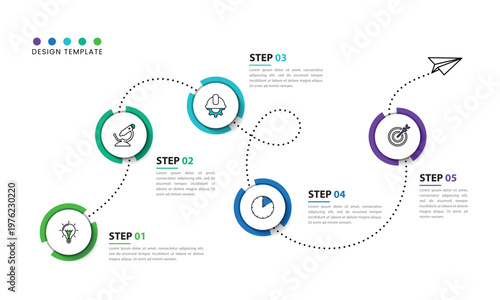 Business Infographic Roadmap with five Steps Process Diagram and Curved Dotted Line Timeline for Success Journey