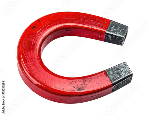 A horseshoe-shaped magnet with a bright red central body and gray metal ends against a black backdrop