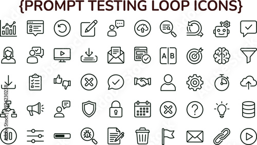 Minimal outline prompt testing workflow icon set collection for evaluation analytics feedback loop web mobile interface editable stroke vector symbols