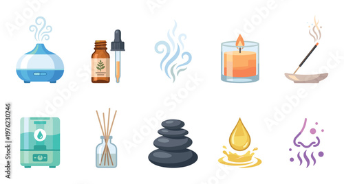 Aromatherapy essential oil diffusers, candles, incense, and spa wellness elements are presented as a comprehensive flat design icon set.