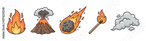 Cartoon fire and heat elements are depicted in a fun, vibrant, and engaging vector illustration style for various design projects.