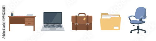 Office desk laptop briefcase folder chair and other essential items for a productive workspace, presented as a flat vector illustration.