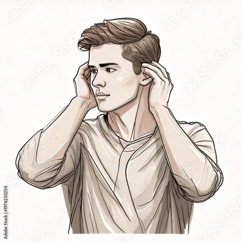 Young man covering ears with hands looking away.