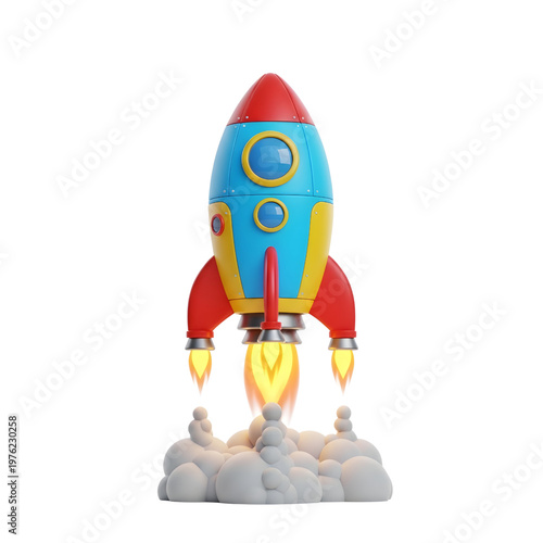 Colorful rocket ship, cartoon style, launching into space, red blue yellow