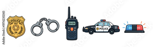 Police equipment items collection including badge, handcuffs, radio, car, and siren lights, representing law enforcement and public safety concepts.