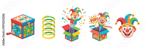 Jack-in-the-box toy illustrations depicting the colorful surprise mechanism and a joyful clown character popping out with excitement.