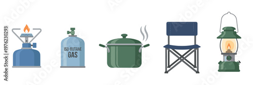 Collection of essential camping equipment for outdoor adventures, featuring a portable stove, gas canister, cooking pot, folding chair, and classic lantern.