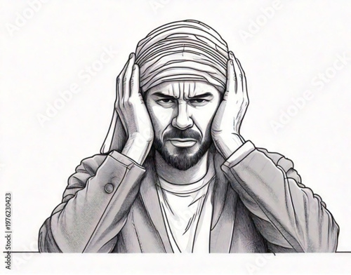 Man Covering Ears Frustrated Expression.